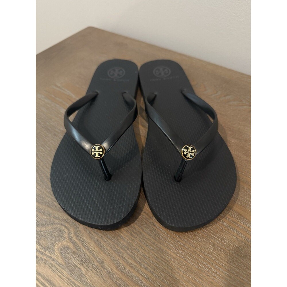 TORY BURCH LOGO FLIP FLOPS Rubber Thong Sandals Black Cute Thin Summer Women’s 9